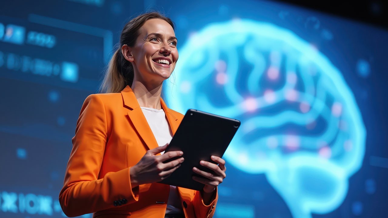 AI Edge 1280x720px lagy in orange suit jacket standing on stage with ipad in hand presenting. Behind her is an AI visualisation of the human brain