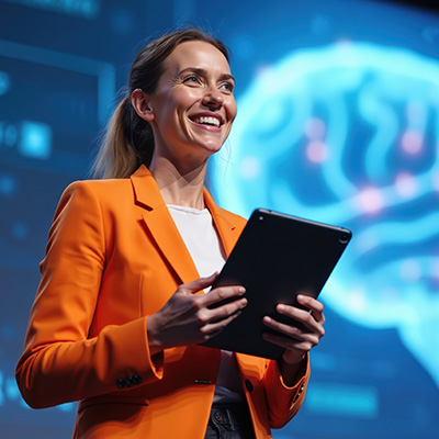 AI Edge Mobile lagy in orange suit jacket standing on stage with ipad in hand presenting. Behind her is an AI visualisation of the human brain