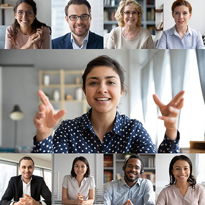 Company wide mobile 400x400px online comapny meeting with female ladypresenting in the middle if screen surrounded by fellow workers