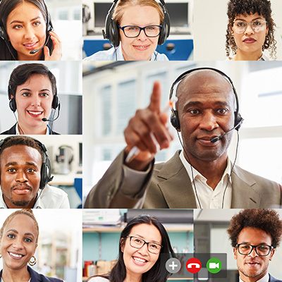 Global Learner Cohorts mobile 400x400px African american male with head set on talking to a multi racial group of students online