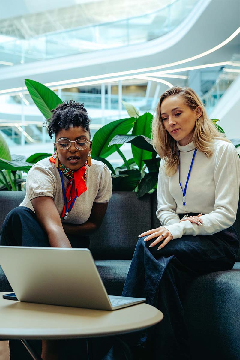 Government header 800x1200px two government female workers working in office breakouy area discussing what is on the laptop screen